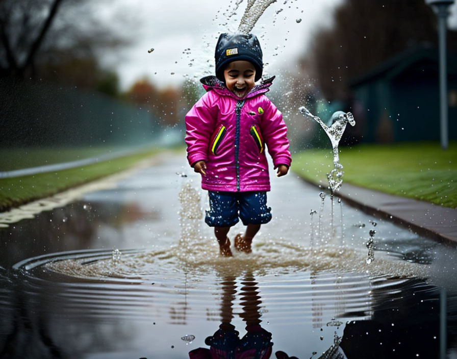 Child in Pink Jacket Splashing in Puddle with Frozen Water Droplets