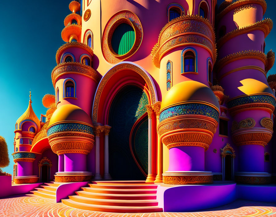 Colorful fantasy castle with ornate domes and archways under a bright sky