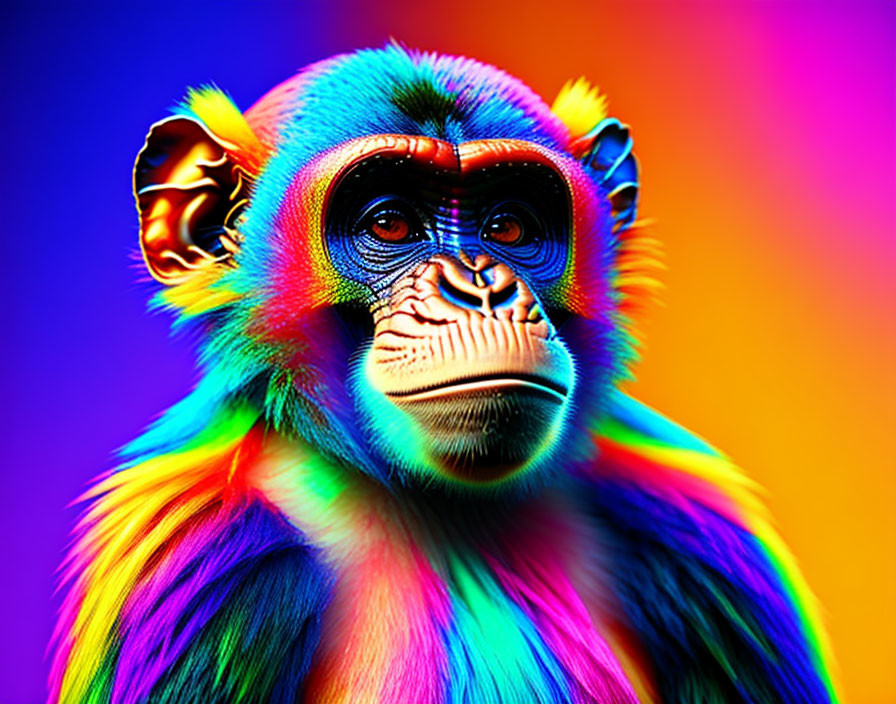 Colorful Rainbow Monkey Portrait on Vibrant Background