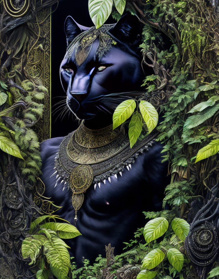 Black panther with tribal jewelry in lush jungle setting