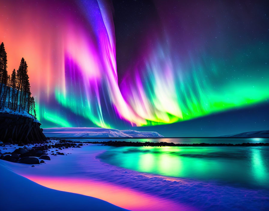 Colorful Aurora Borealis Over Snowy Landscape