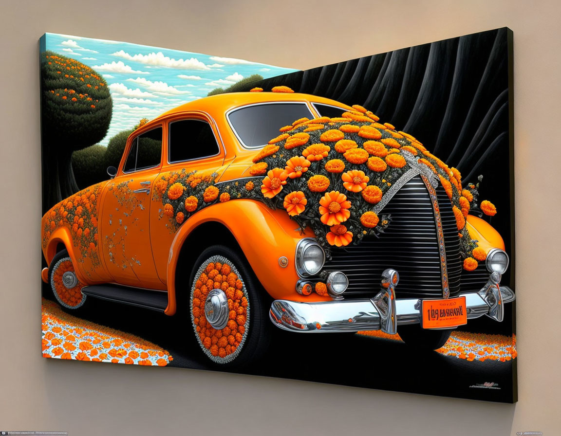 Vintage Volkswagen Beetle adorned with flowers on surreal landscape.