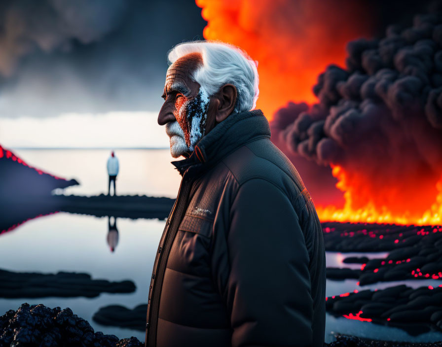 Elderly man with white beard watching volcanic eruption in profile