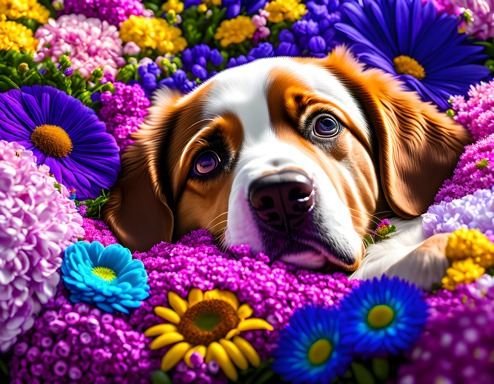 Soulful-eyed dog amidst vibrant colorful flowers