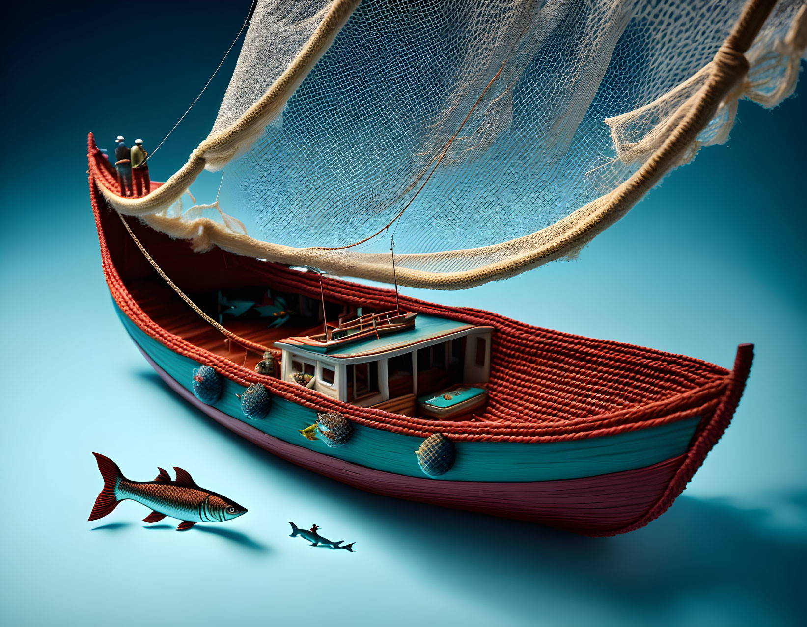 Colorful Fishing Boat Model with Nets and Fish on Blue Background