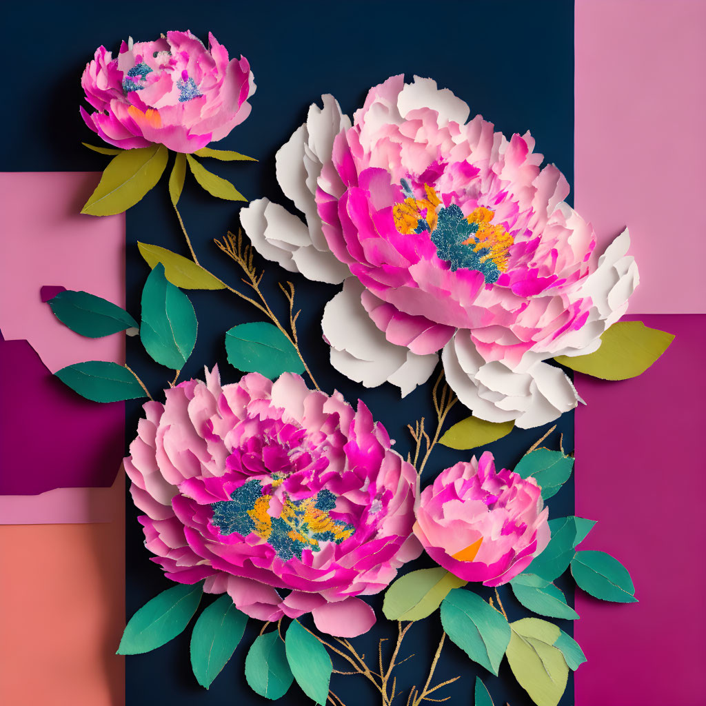 Vibrant Pink Peonies in 3D Paper Art with Blue and Pink Geometric Background