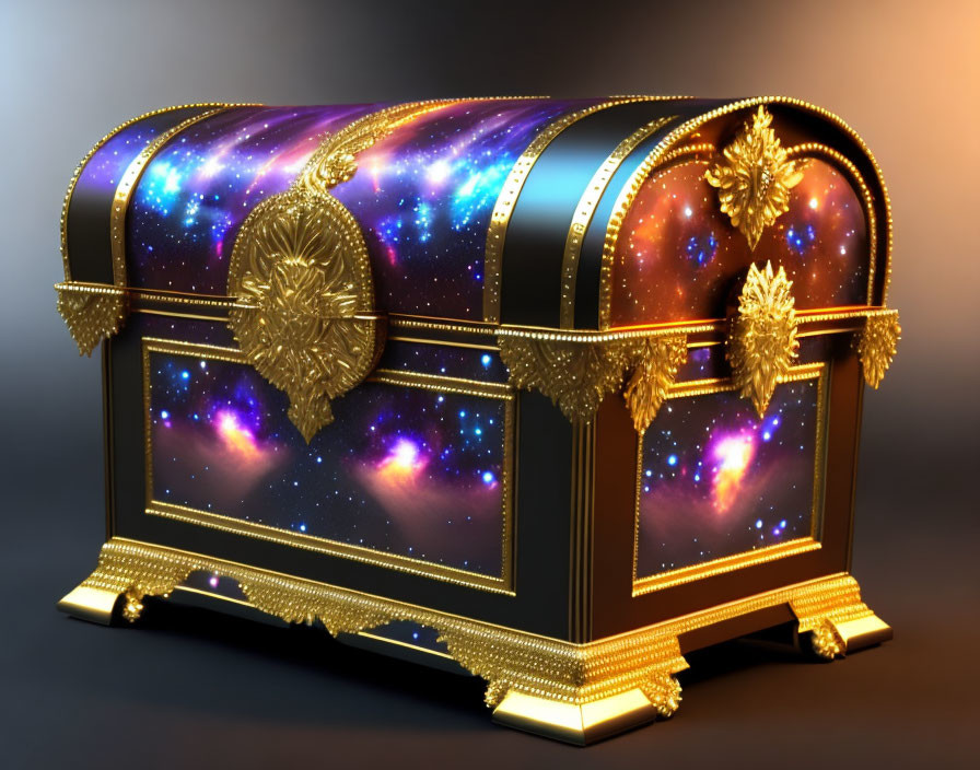 Cosmic design ornate chest with golden accents on reflective surface