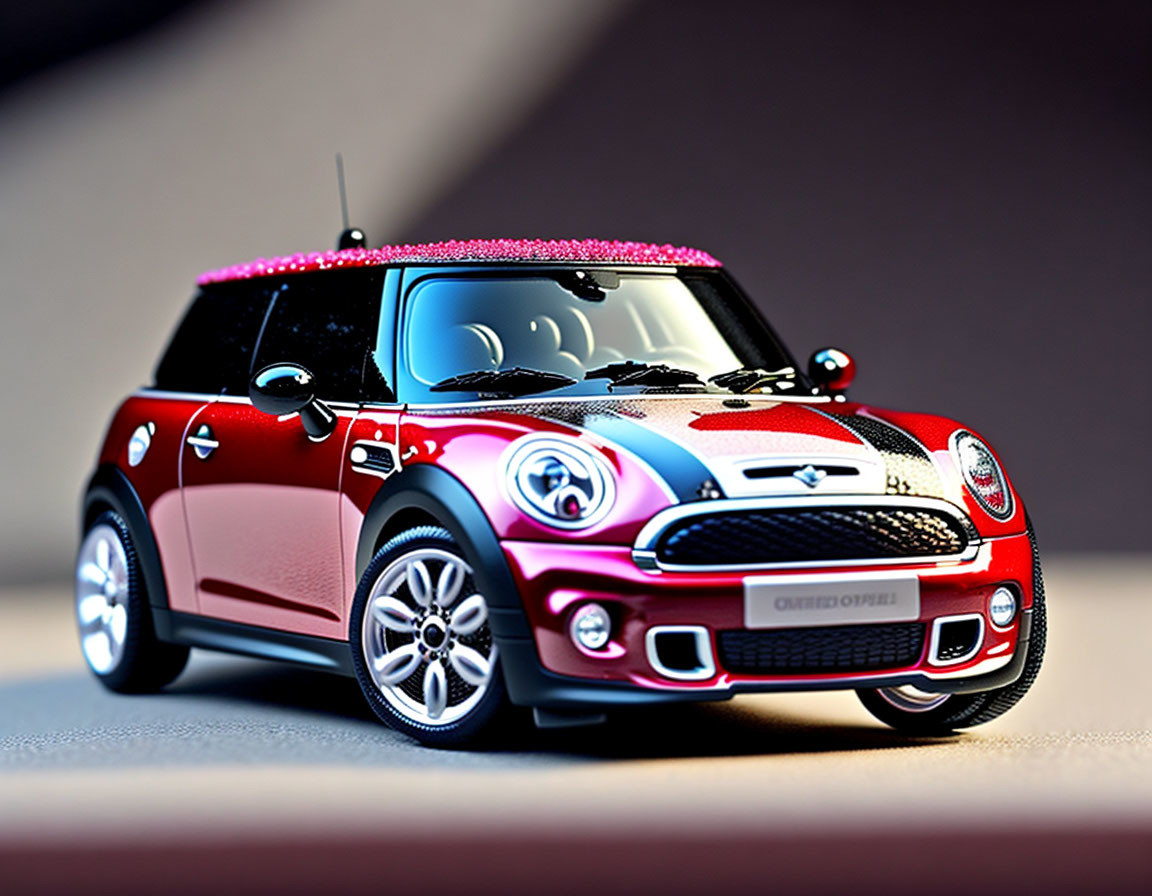 Red Mini Cooper Model Car with White Roof and Racing Stripes on Beige Surface