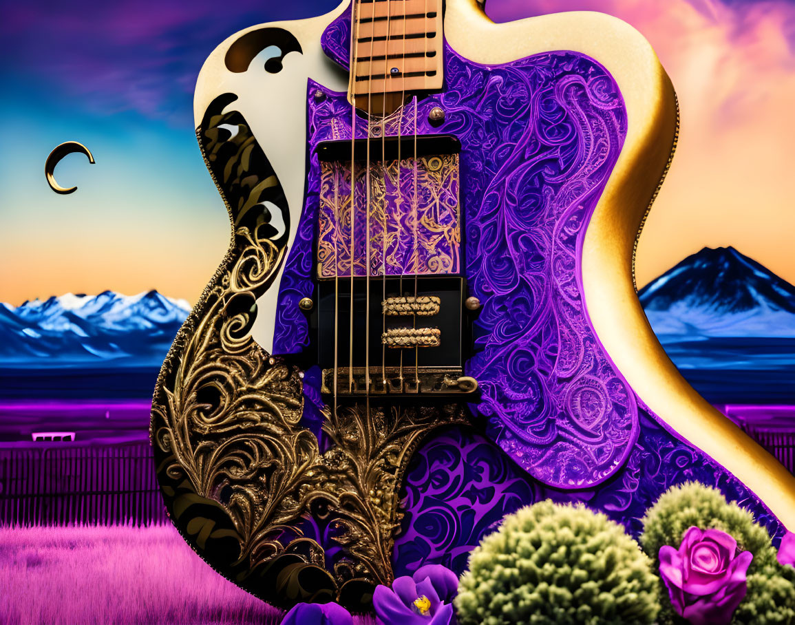 Yellow and Purple Ornate Guitar in Vibrant Landscape