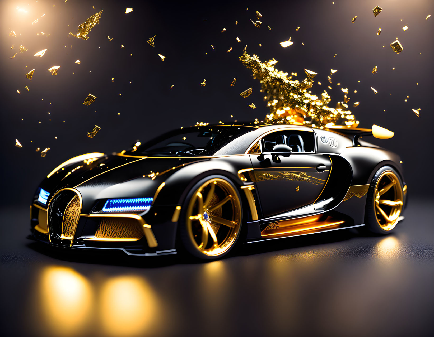 Luxurious Black and Gold Sports Car with Glowing Accents and Golden Particles on Dark Background