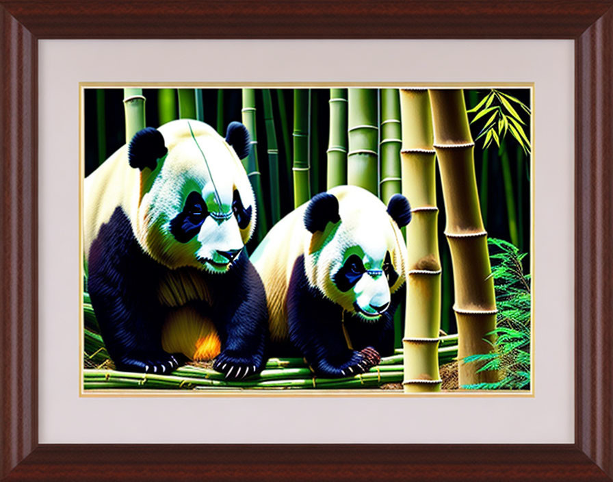 Pandas in bamboo artwork with vibrant colors