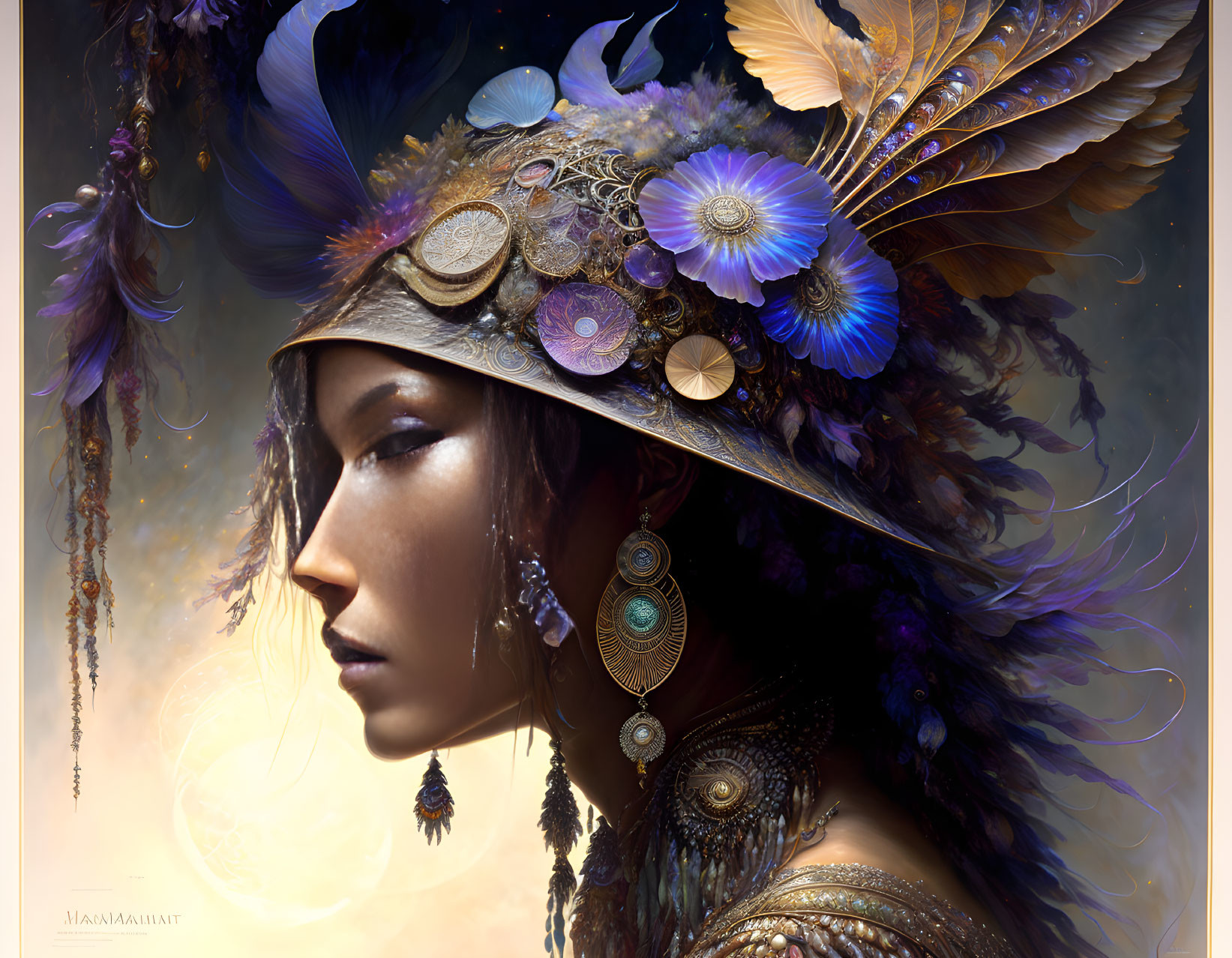 Intricate digital artwork of a person with feathered headpiece