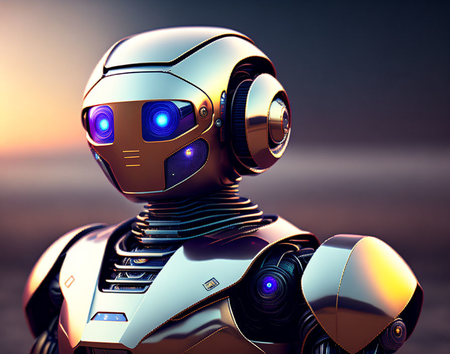 Sleek Futuristic Robot with Metallic Body and Blue Eyes Against Sunset