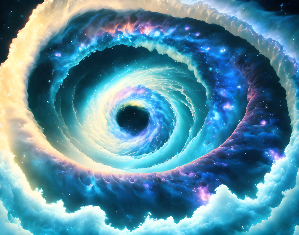 Colorful digital artwork: Celestial spiral galaxy in blue and gold hues