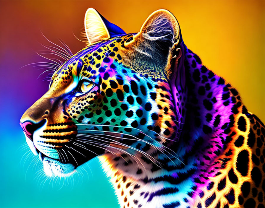 Colorful Leopard Digital Art in Rainbow Hues on Gradient Background