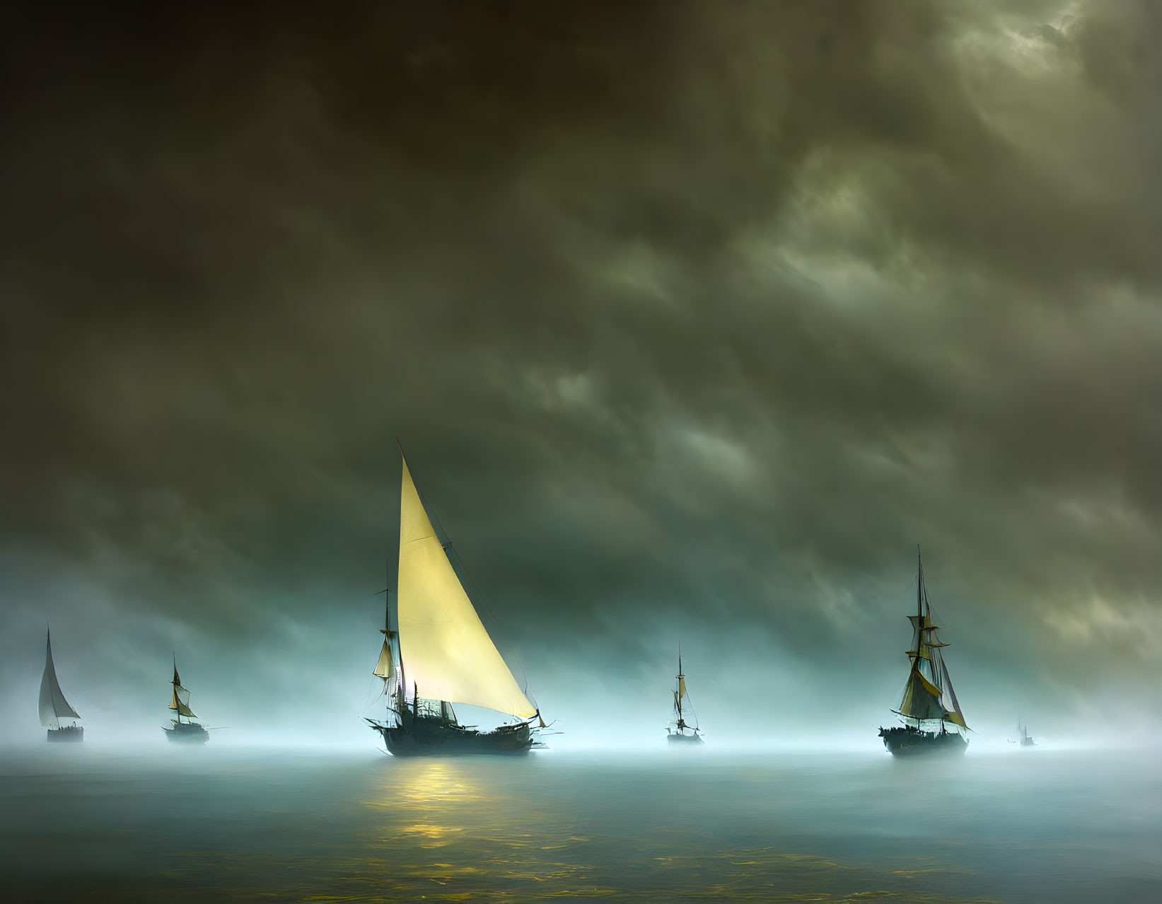 Sailing ships under stormy skies with glowing sails