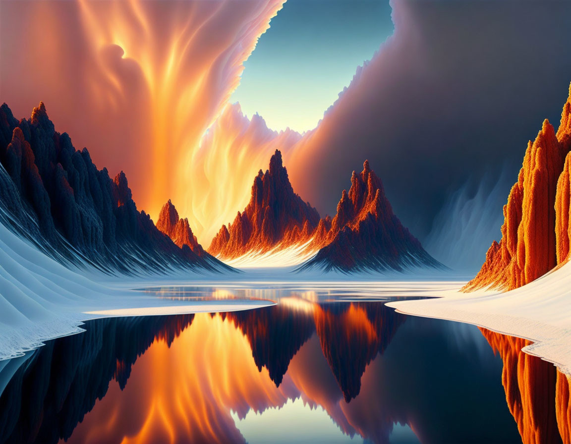 Surreal landscape with mirrored mountains and fiery orange clouds