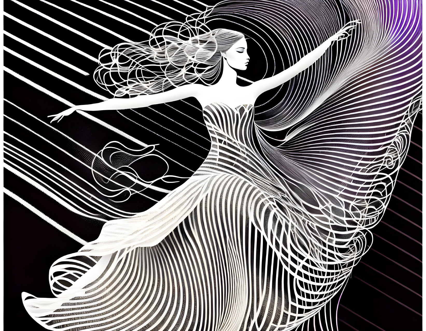 Woman with flowing hair and dress in abstract black background.