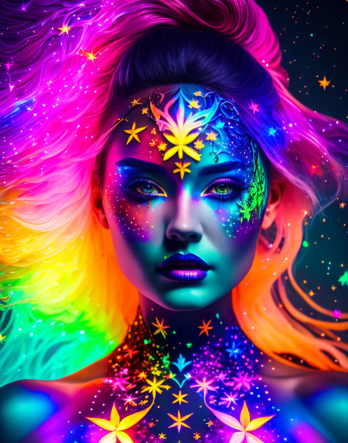 Colorful digital artwork: Woman with neon body paint and starry hair on dark background