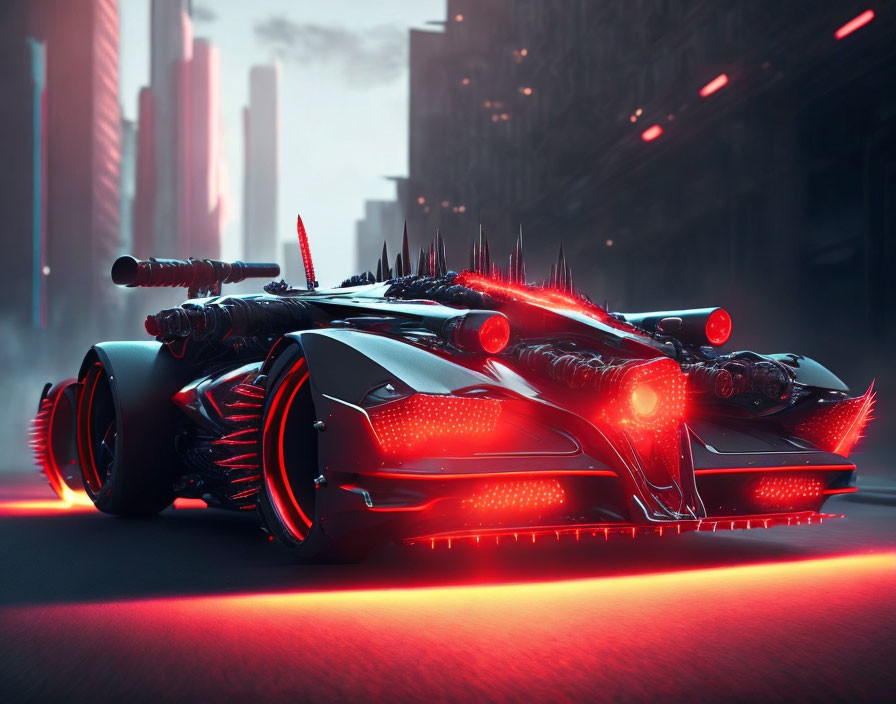 Futuristic black car with red neon underglow in sci-fi cityscape