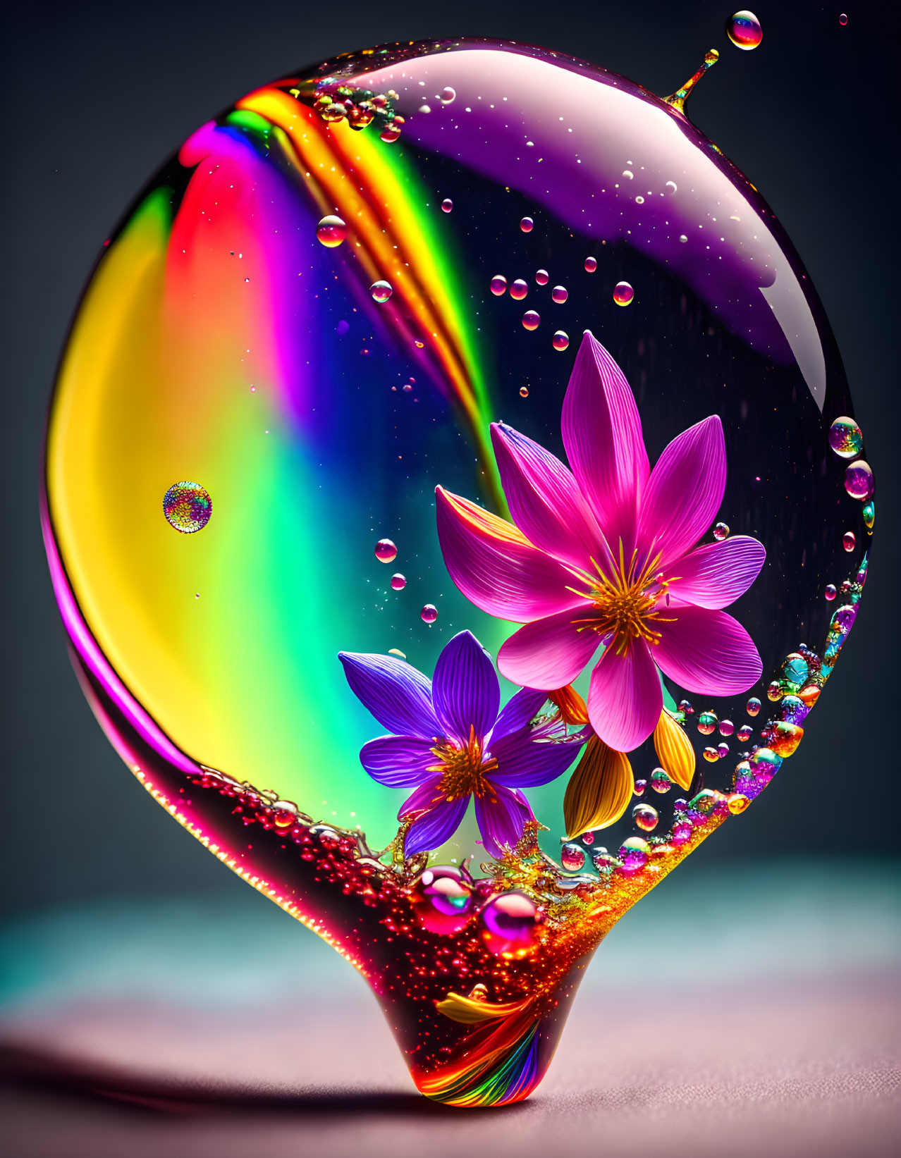 Colorful digital artwork: Large droplet with bubbles and pink flowers