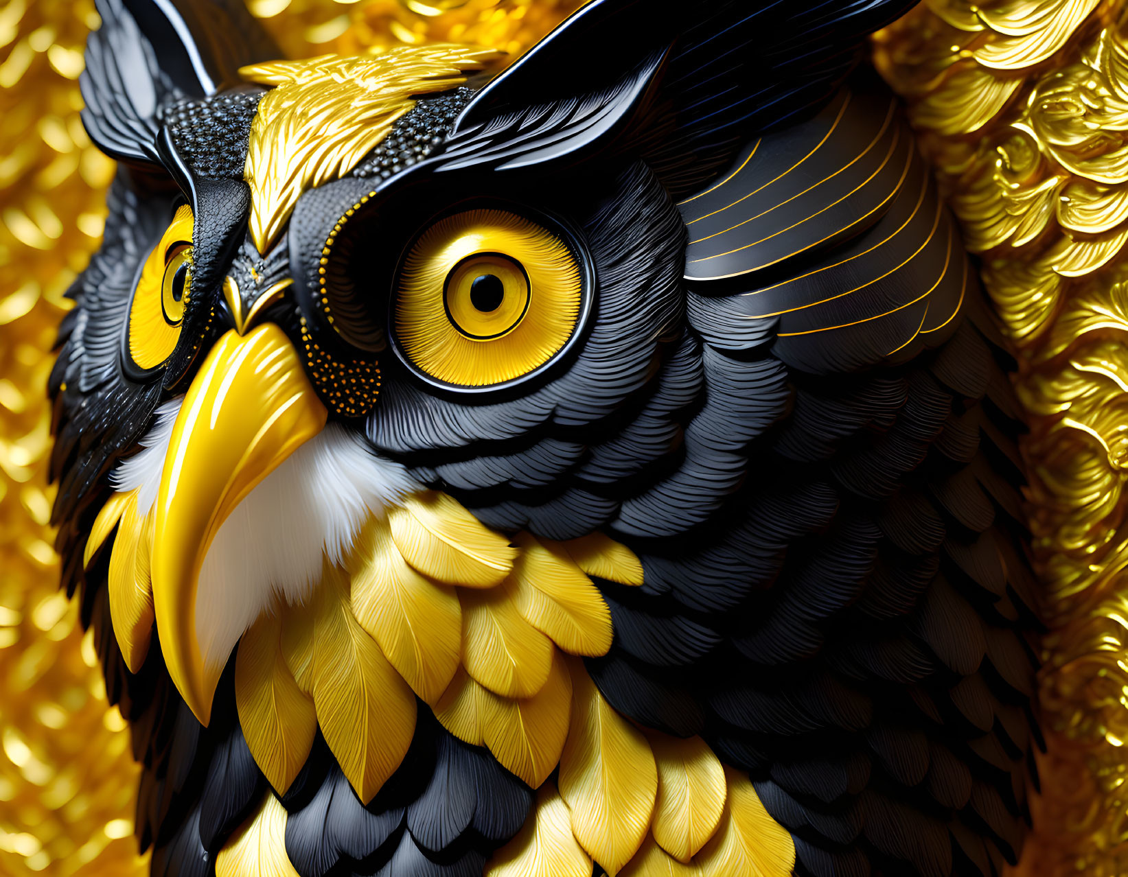 Colorful Owl Artwork with Yellow Eyes and Intricate Feathers on Textured Golden Background