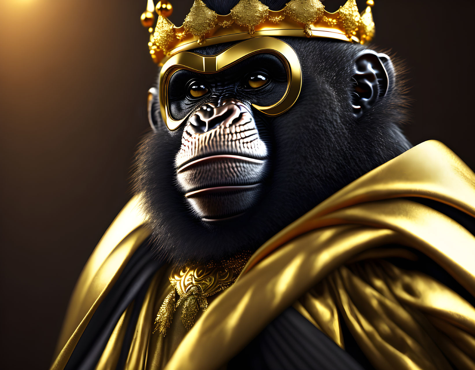 Majestic gorilla in golden crown and robe with intricate patterns