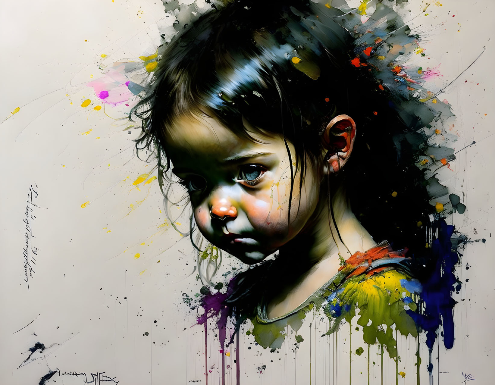 Colorful Painting of Young Girl with Solemn Expression