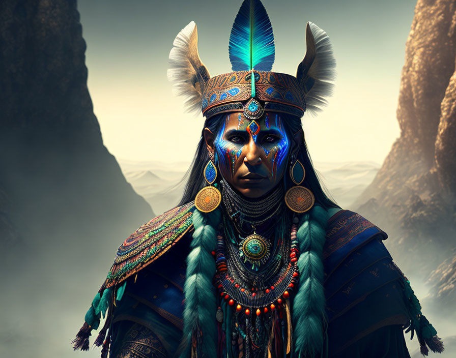 Digital artwork: Tribal attire with blue face paint, feathered headdress, jewelry, misty mountain