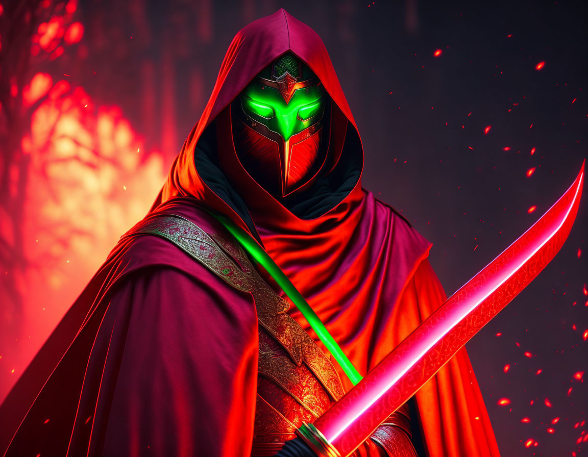 Mysterious figure in red cloak with glowing sword in fiery atmosphere