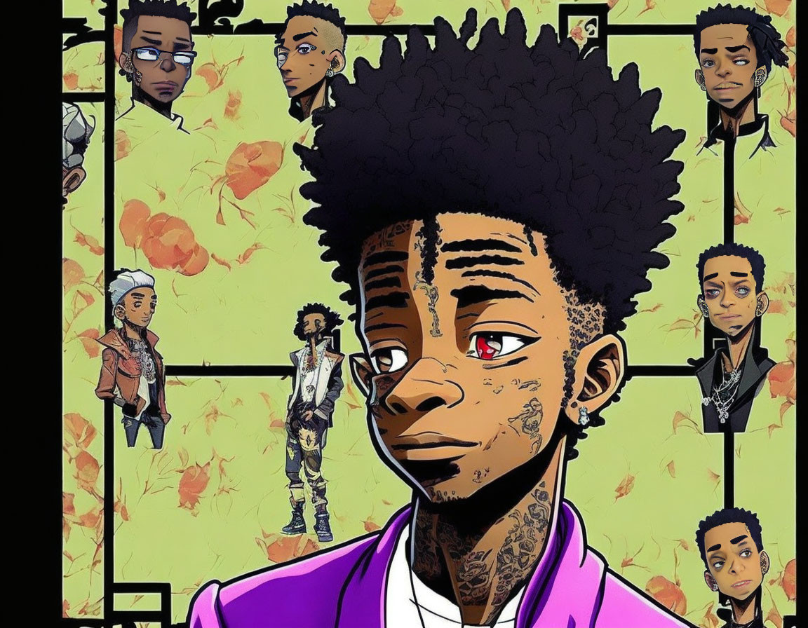 Stylized illustration of young man with afro in comic-styled panels.