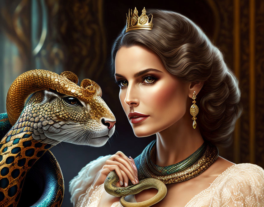 Elegant woman with crown and serpent in luxurious setting