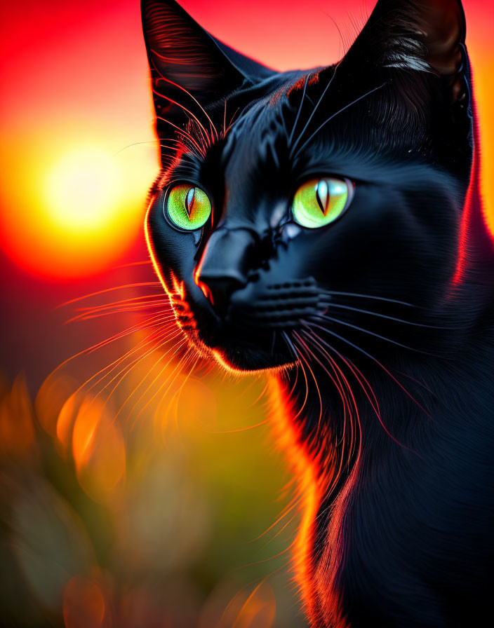 Black Cat with Green Eyes Against Red Sunset Background