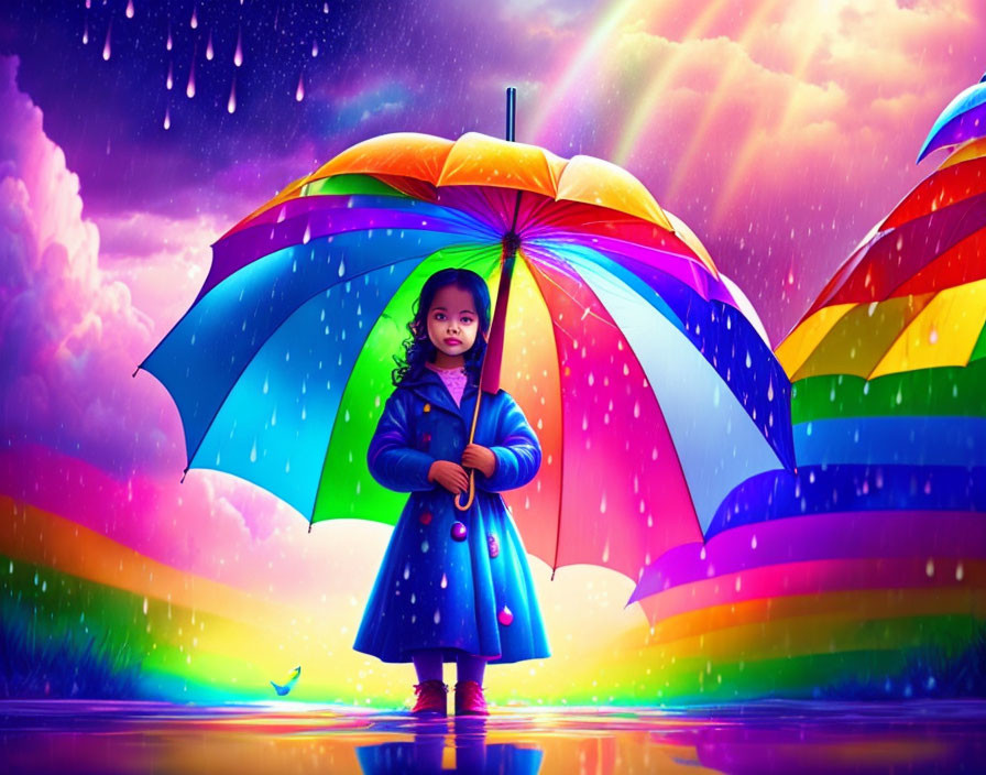 Young girl with colorful umbrella under rainbow skies