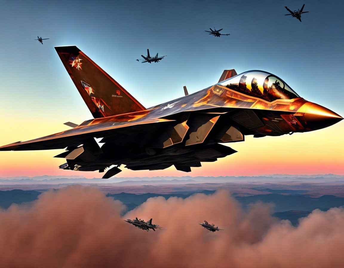 Camouflaged Fighter Jets Formation at Dusk