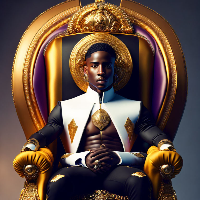 Regal man on ornate throne with gold accents & modern attire