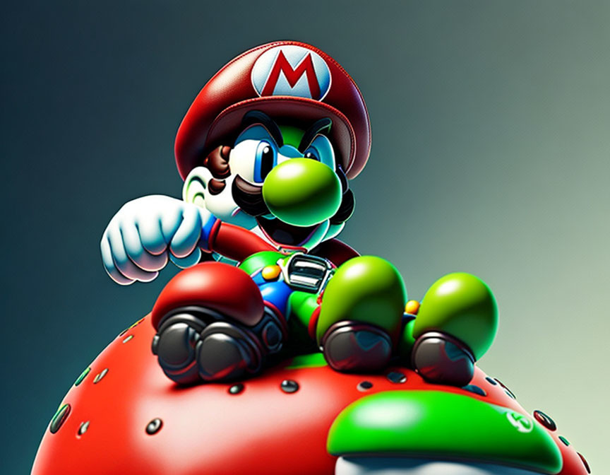 Iconic video game character sitting on mushroom in red hat and blue overalls