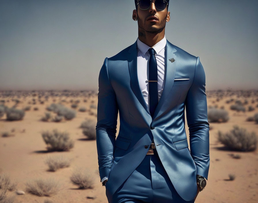 Confident man in blue suit and sunglasses in vast desert