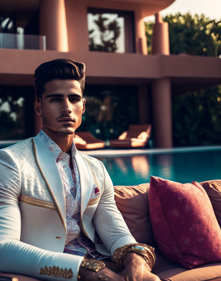 Elegant man in white jacket by pool at dusk