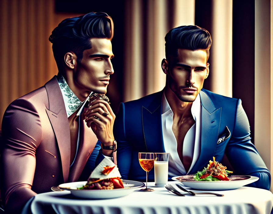 Animated men conversing at elegant dining table with gourmet dishes and drinks