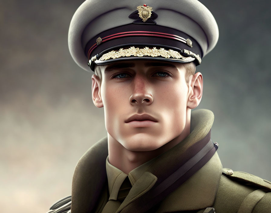 Serious young male in military uniform with ornate cap