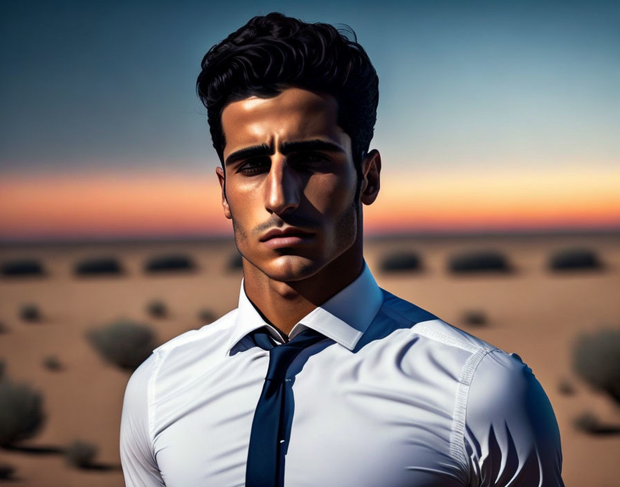 Man with dark hair in white shirt and tie in desert dusk scene