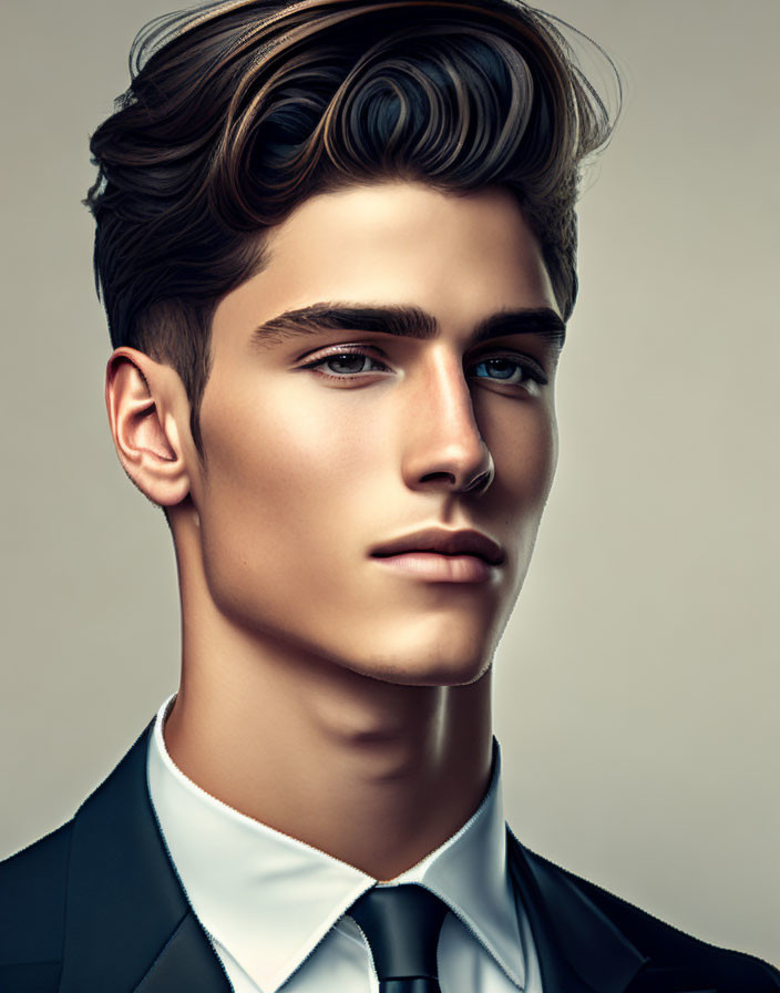 Young man digital artwork: stylized hair, black suit, intense gaze