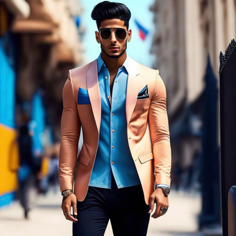 Stylish man in peach blazer and sunglasses on city street