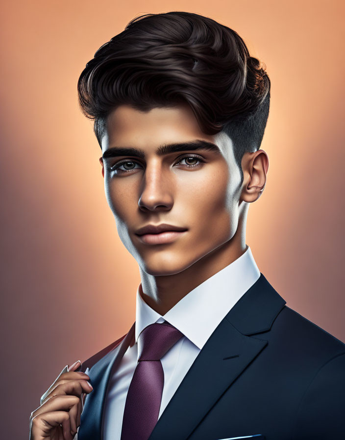 Man with Styled Hair and Blue Eyes in Suit Adjusting Tie