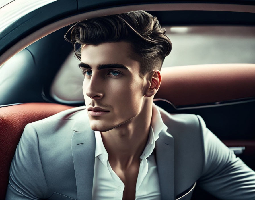 Stylish man in suit with styled hair in car's red leather interior