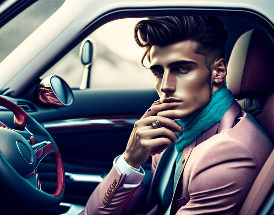 Pensive person in pink suit with blue scarf in car