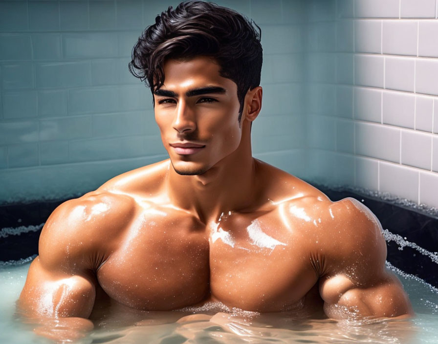 Muscular Man Relaxing in Pool, Glistening Skin, Tiled Wall