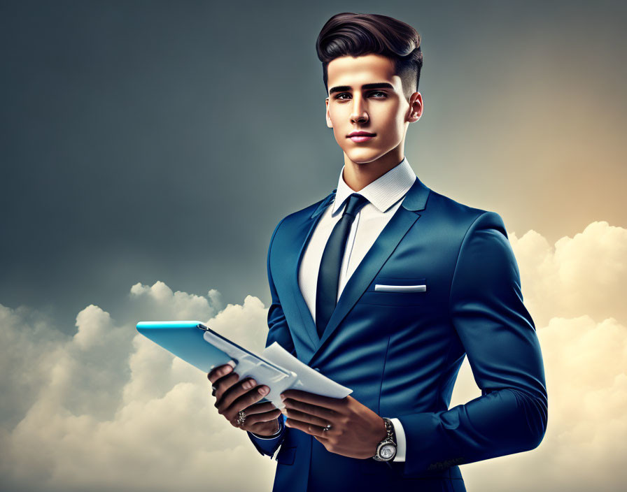 Professional man in sharp suit with tablet against dramatic cloudy sky.