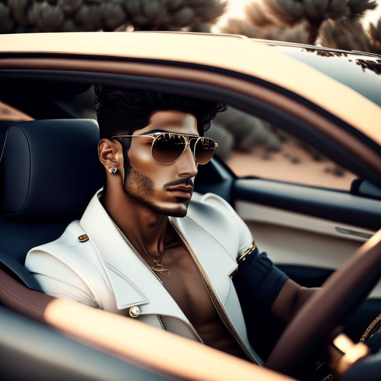 Fashionable man in sunglasses and white jacket, sitting in luxury car.